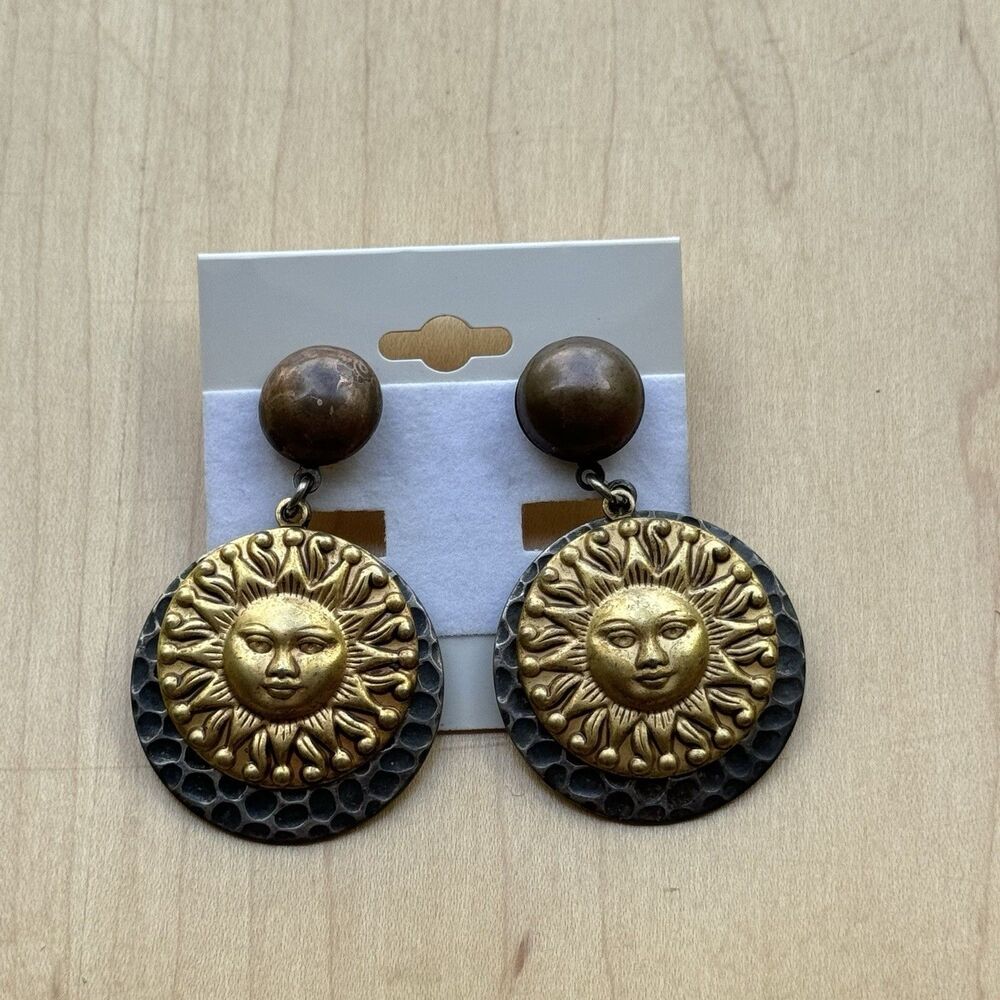 Vintage 2 Tone Celestial Sun Face Dangle Pierced Earrings New On Card
